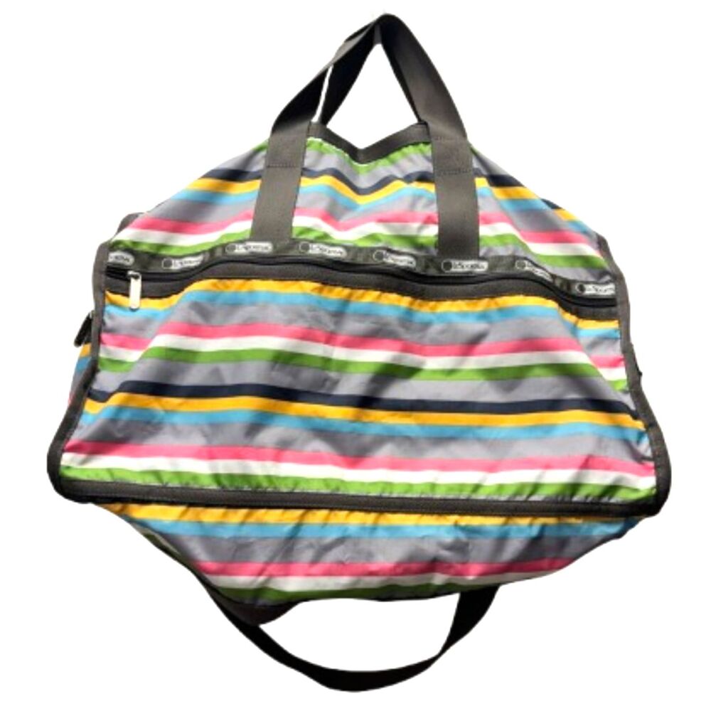 LeSportsac Classic Large Weekender Duffle Bag Shoulder Strap Gray Rainbow Stripe